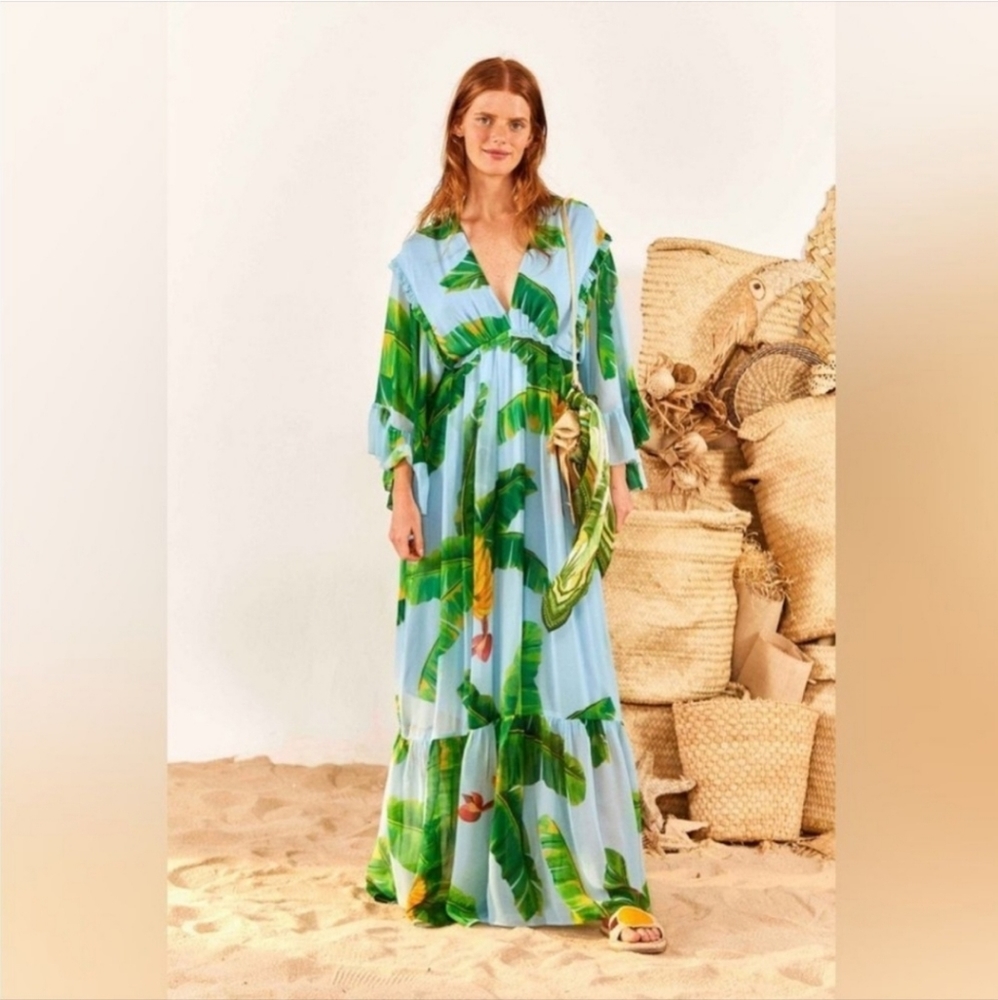 Farm Rio Blue Fresh Banana Butterfly Sleeve Ruffled maxi dress S
